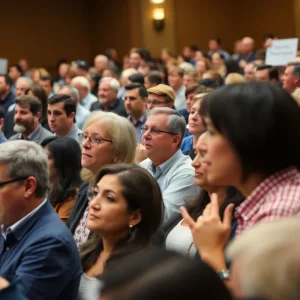 A bustling town hall meeting where constituents discuss Medicaid cuts.