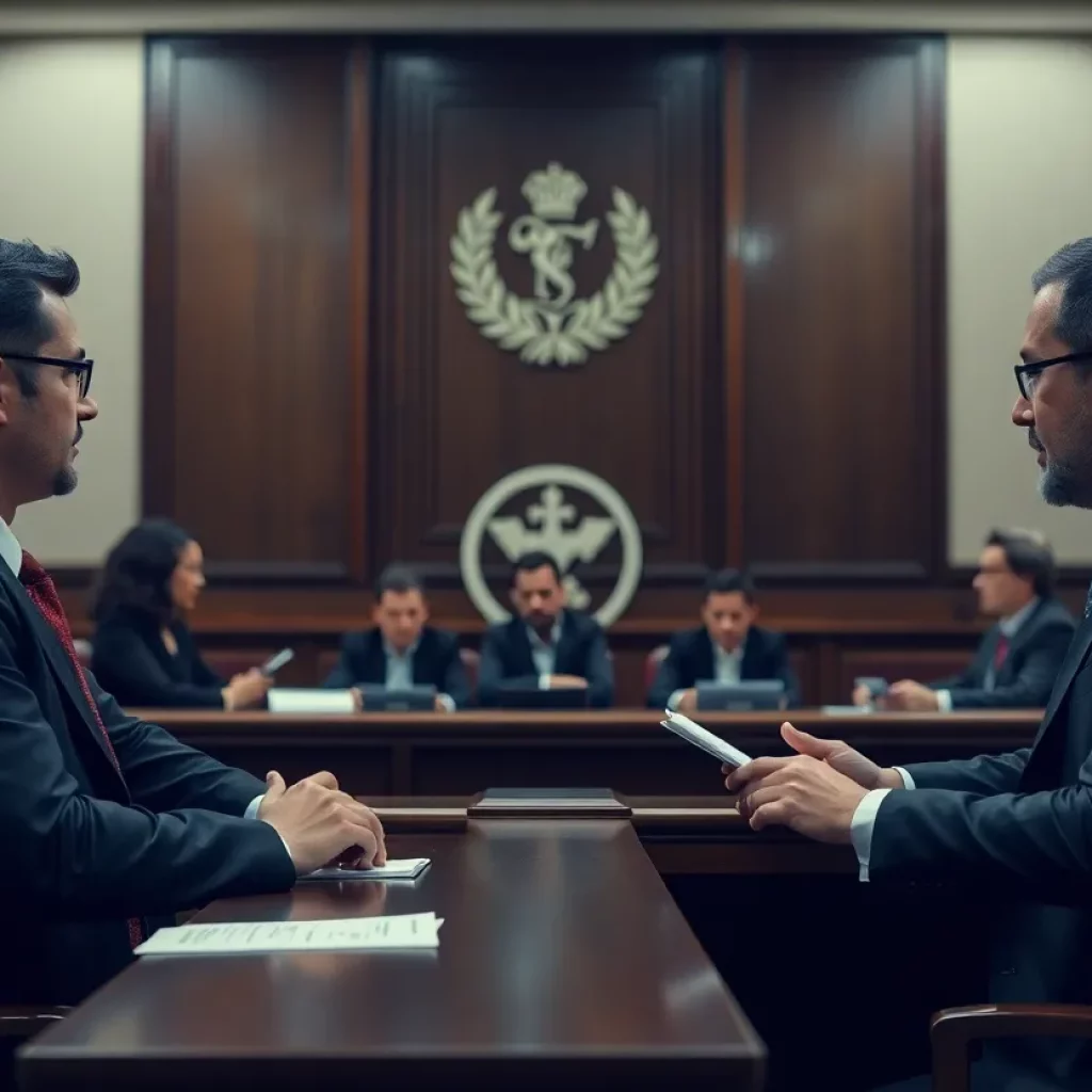 Lawyers in a courtroom discussing trademark issues