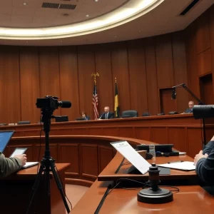 Courtroom scene depicting a legal battle over media practices