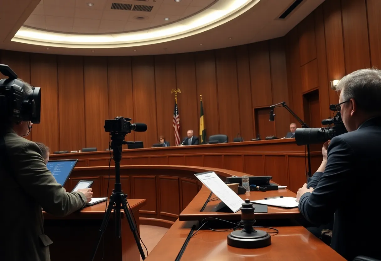 Courtroom scene depicting a legal battle over media practices