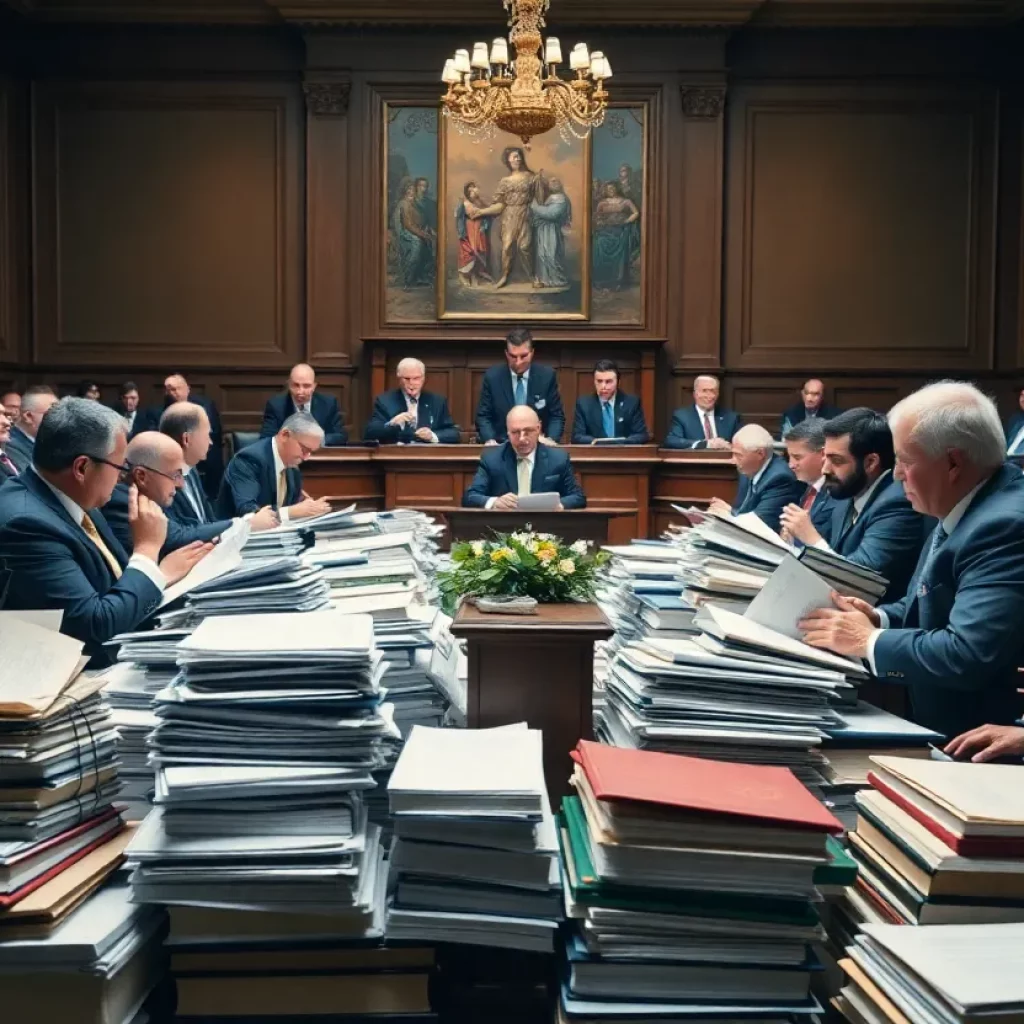 A courtroom filled with legal representatives debating over executive actions.