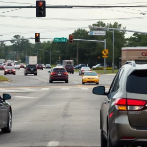 Busy intersection in Tupelo, Mississippi, with cars and pedestrians.