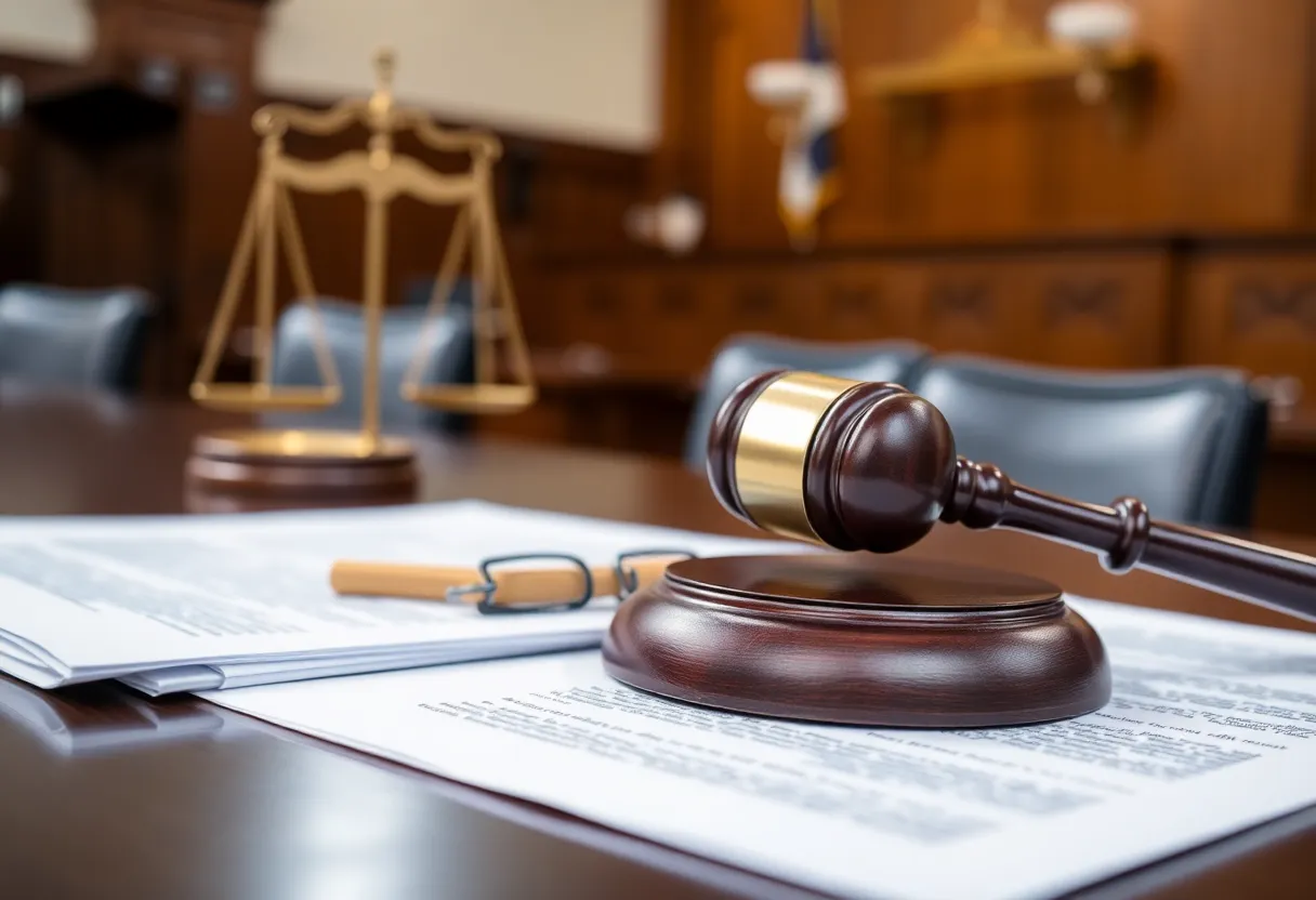 Symbol of justice in a courtroom setting.