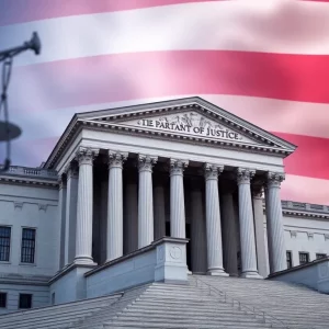 U.S. Department of Justice building with American flag