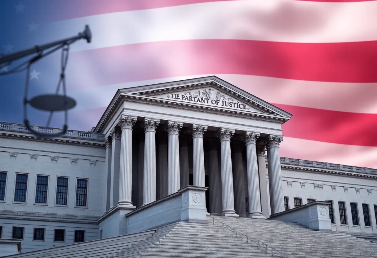 U.S. Department of Justice building with American flag