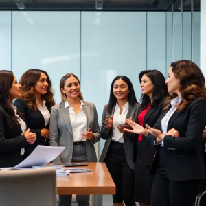 Professional women in legal attire discussing in an office setting