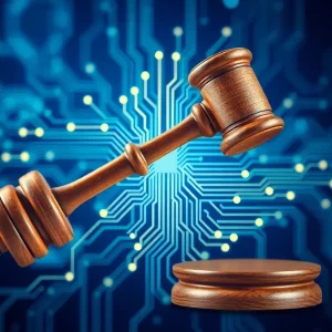 Abstract illustration of law and artificial intelligence integration.