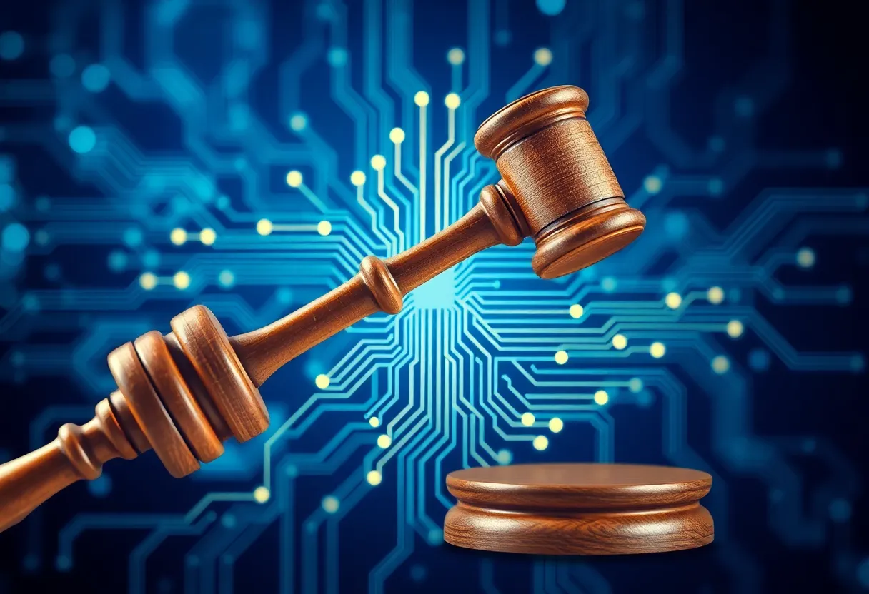 Abstract illustration of law and artificial intelligence integration.
