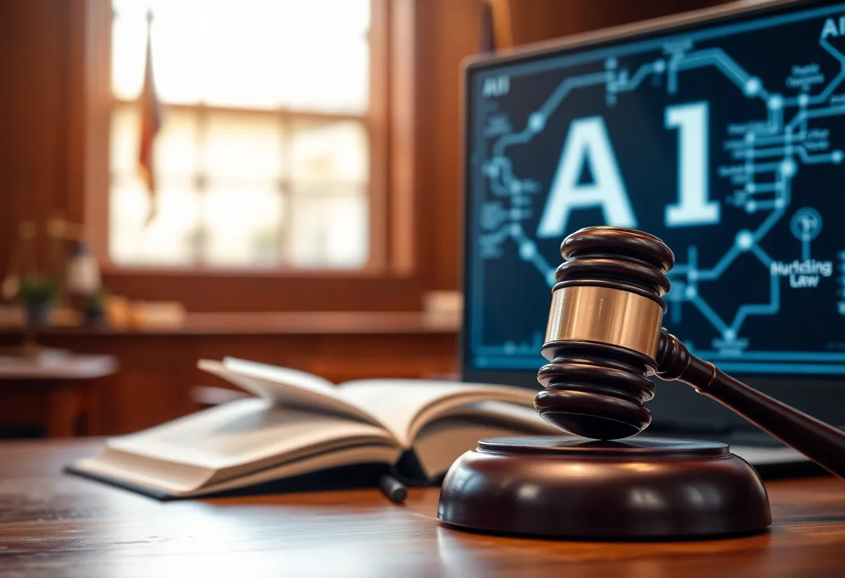 Courtroom with AI technology illustration