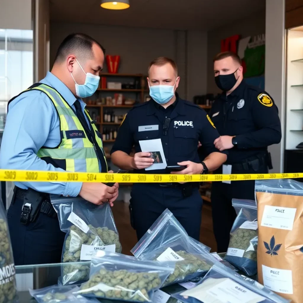Law enforcement officers inspecting a CBD shop during a crackdown operation