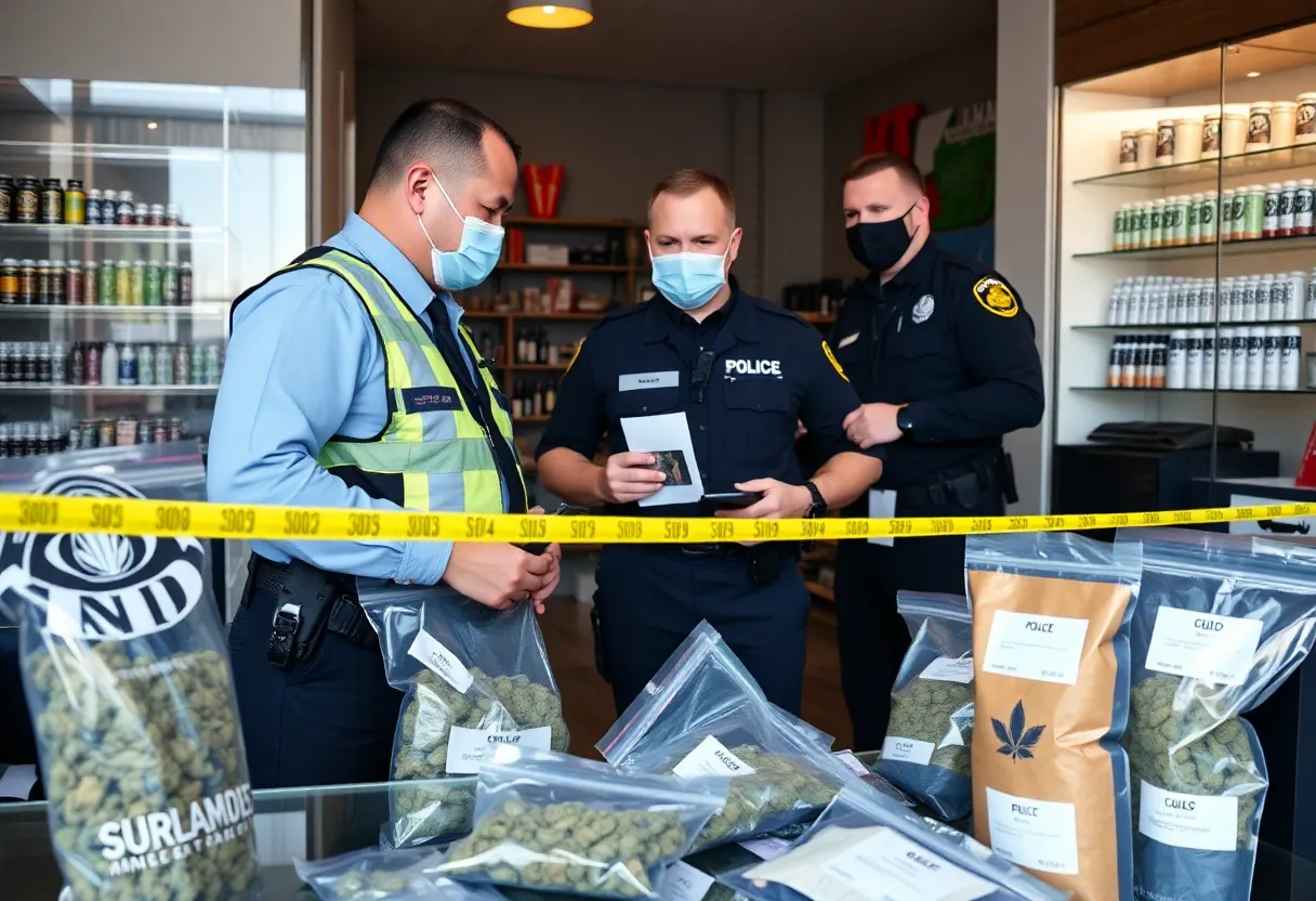 Law enforcement officers inspecting a CBD shop during a crackdown operation