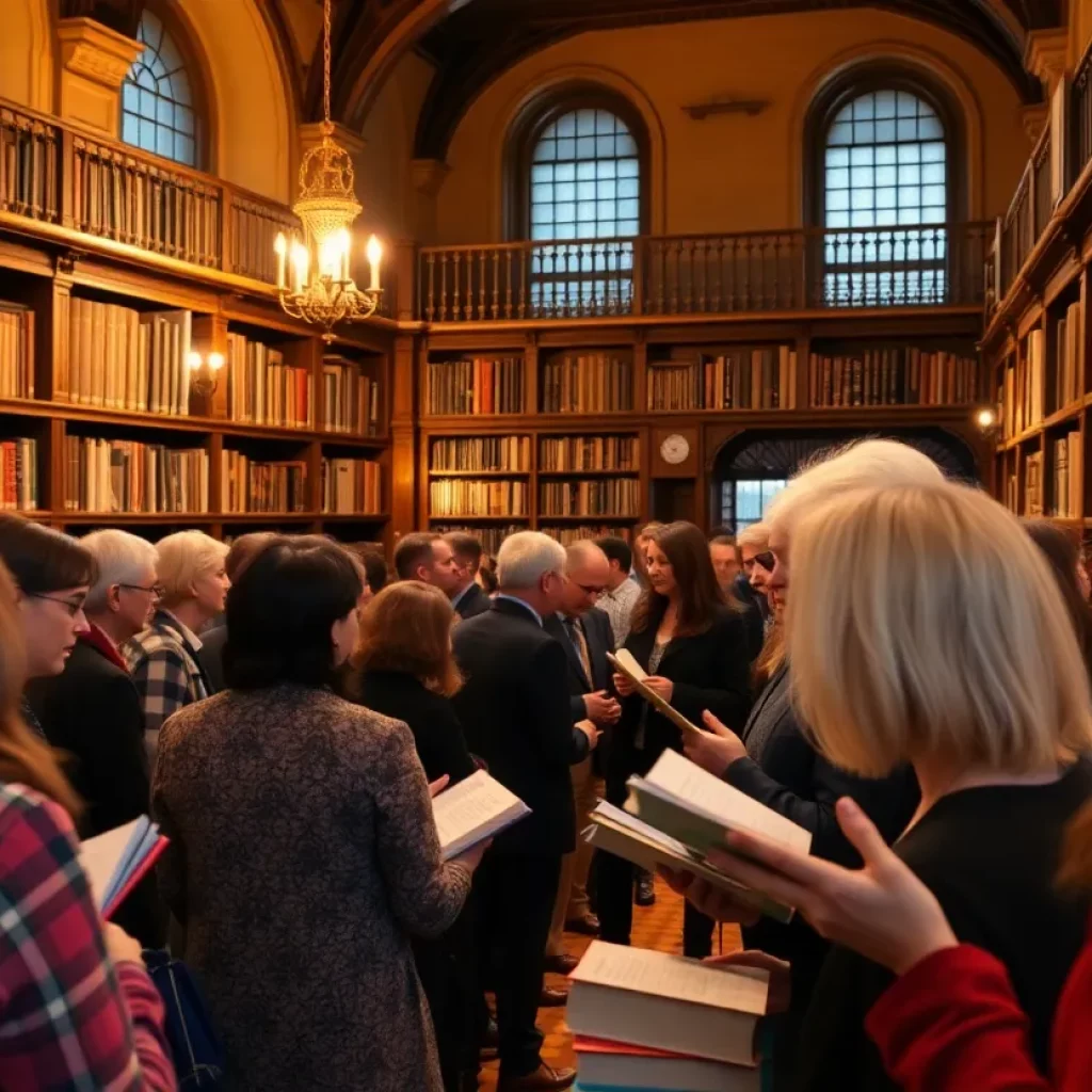 A lively book launch event at a library with attendees engaged in discussion.