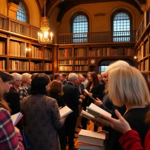 A lively book launch event at a library with attendees engaged in discussion.