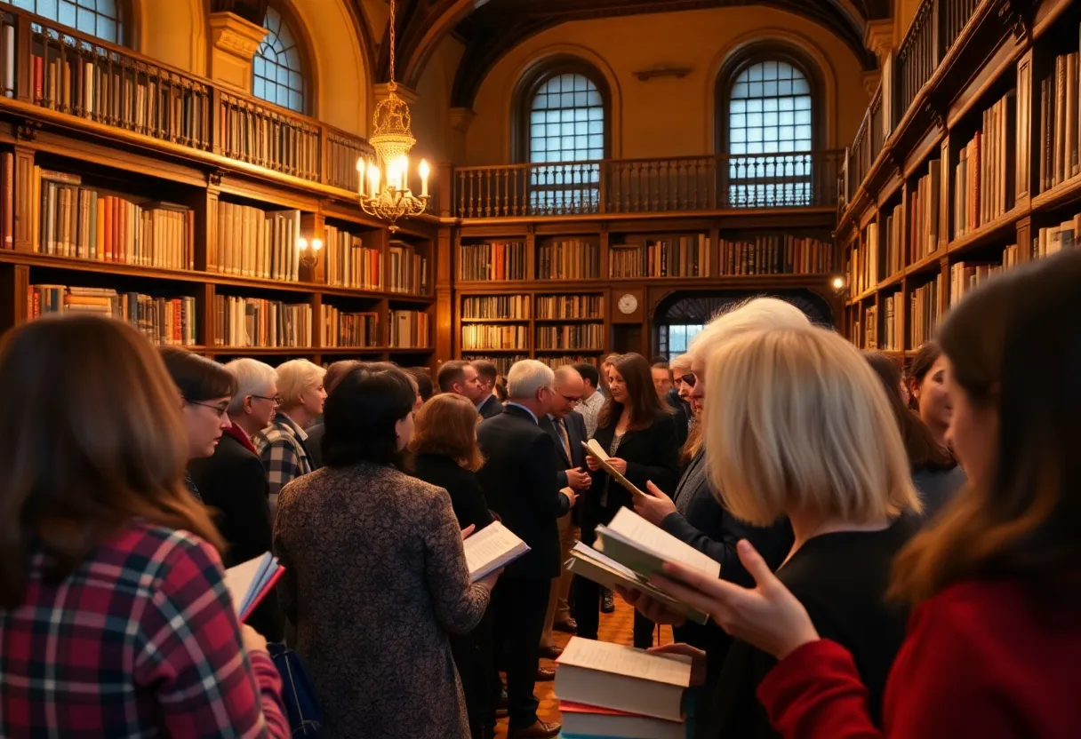 A lively book launch event at a library with attendees engaged in discussion.