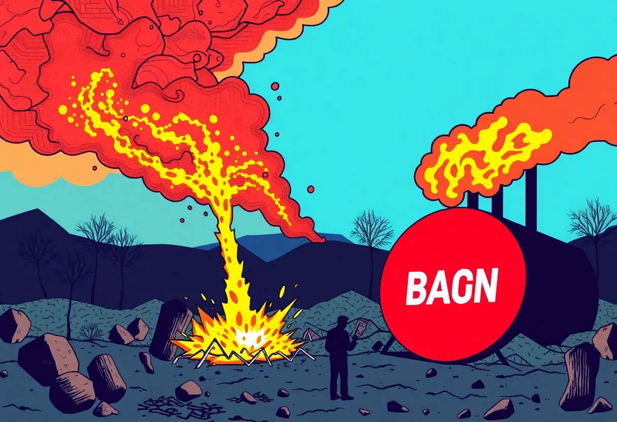 An artistic representation of the ongoing debate regarding the asbestos ban, highlighting health risks and corporate influences.