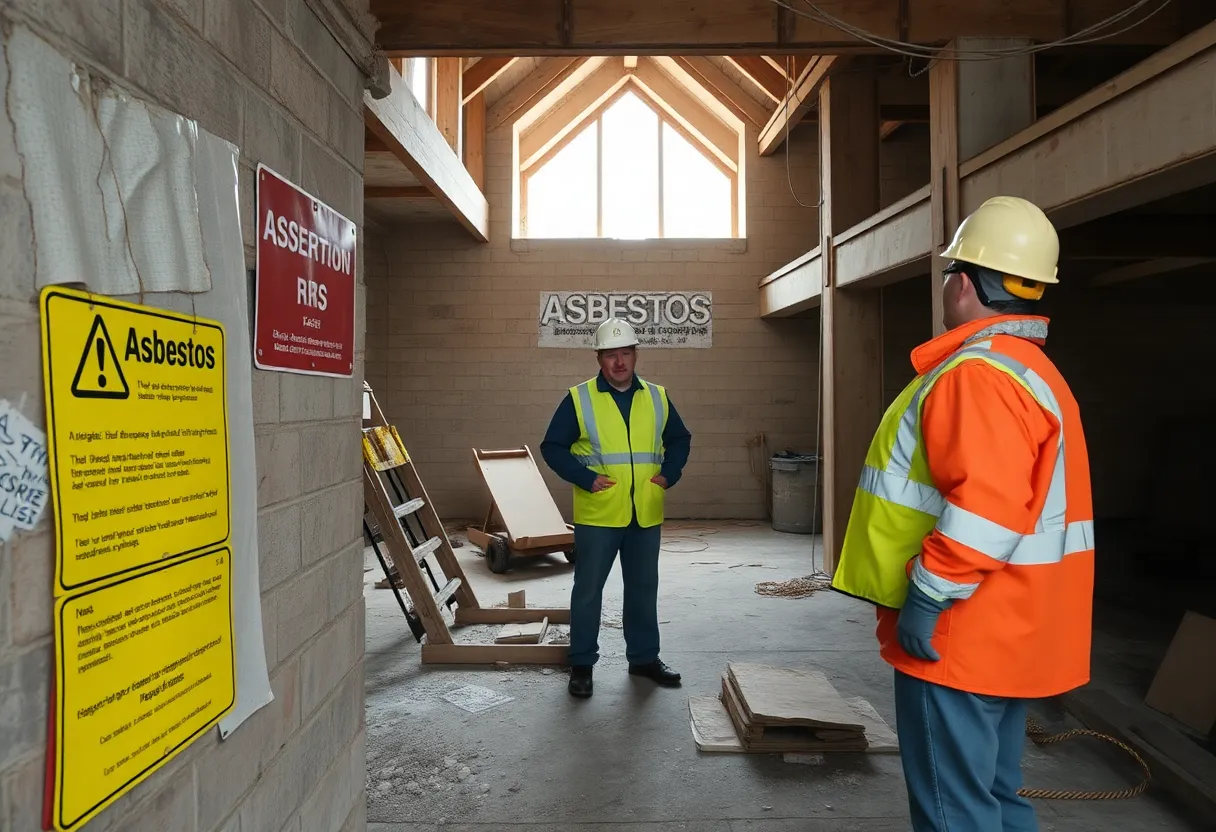 Workers discussing asbestos regulations at a construction site