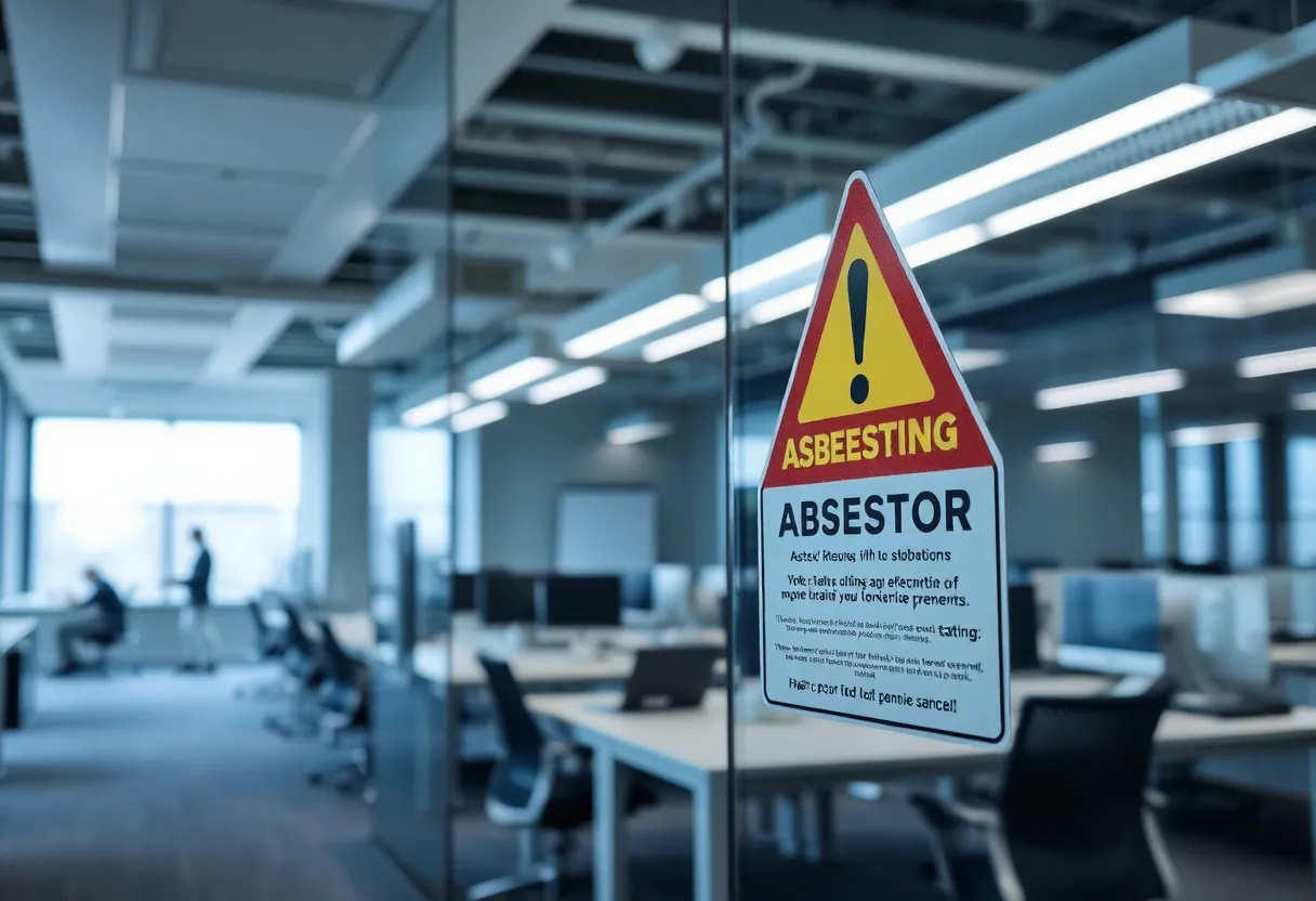 Safety measures in a corporate office environment addressing asbestos risks.
