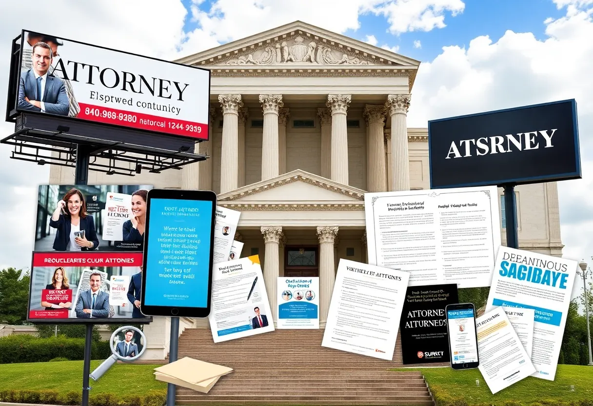 A collage representing diverse attorney advertising methods in Indiana.