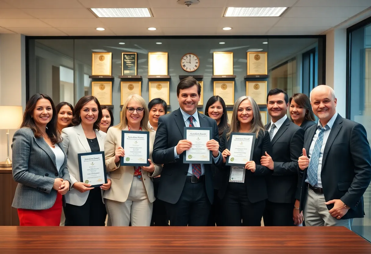 Attorneys celebrating their recognition from Super Lawyers in an office setting.