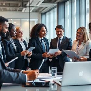 Group of diverse attorneys collaborating in a modern law office