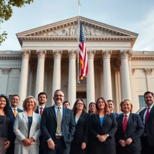 Group of attorneys standing outside a courthouse