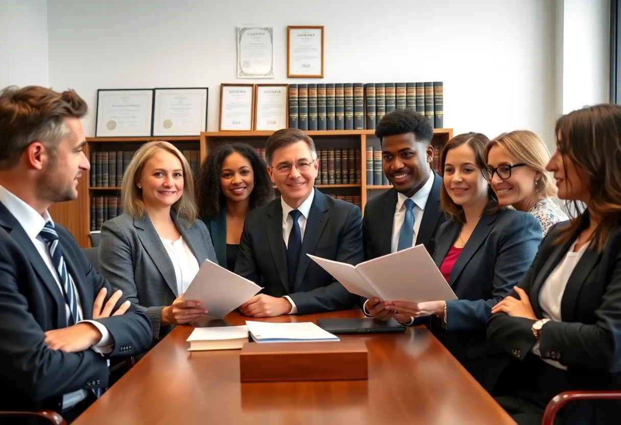 Diverse team of attorneys at Baron & Budd discussing legal matters.