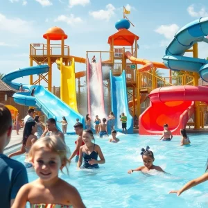 Families enjoying Blizzard Beach water park with visible safety signage