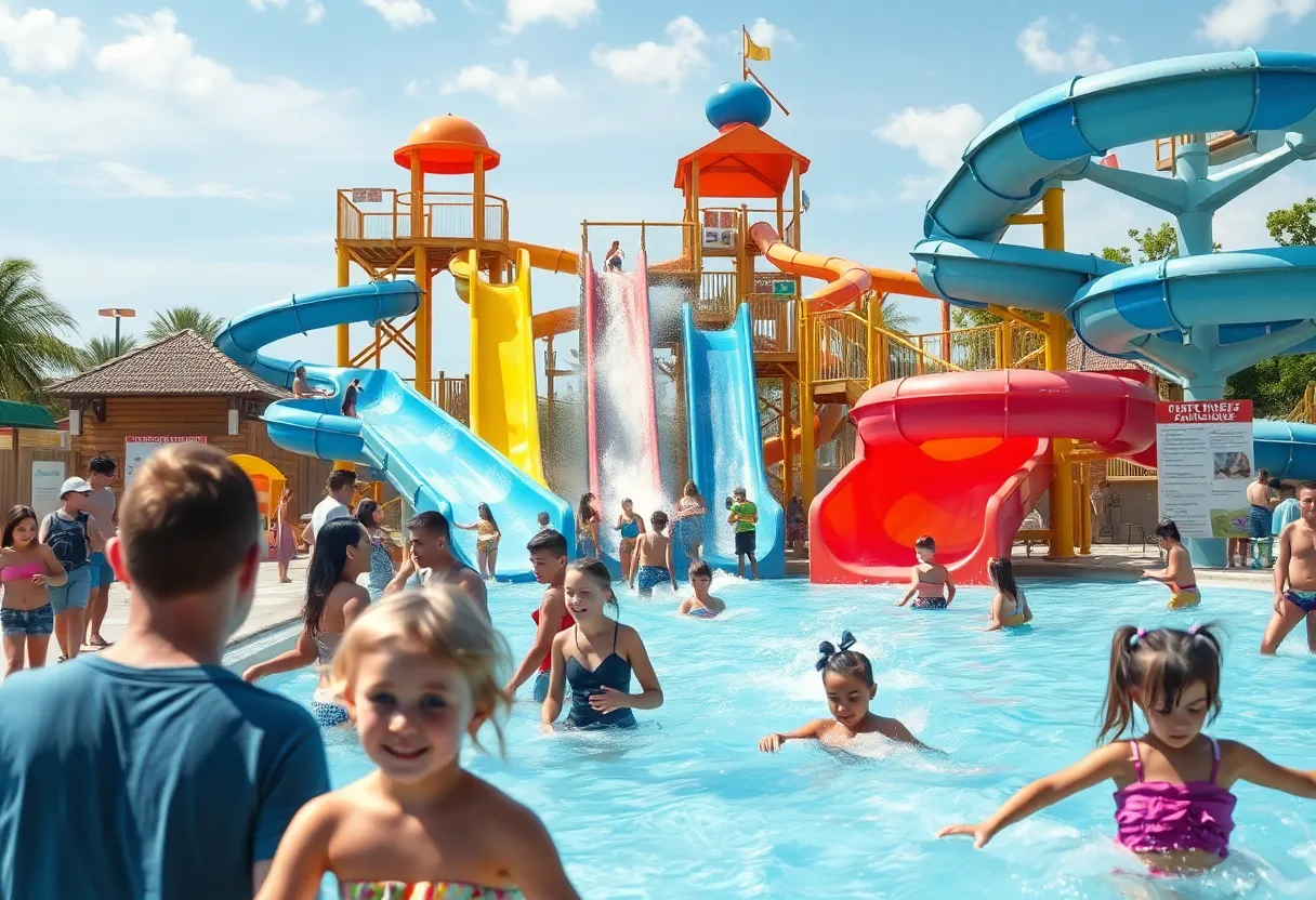 Families enjoying Blizzard Beach water park with visible safety signage