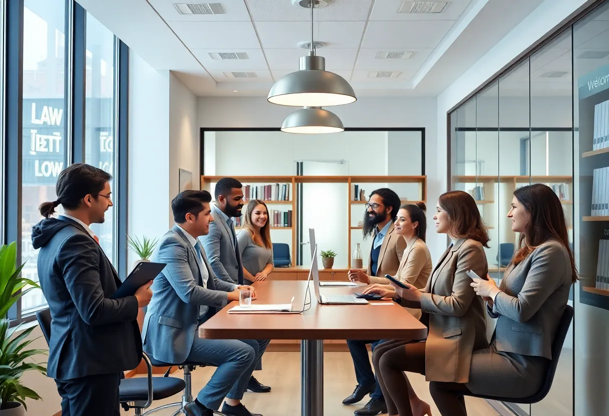 Law office environment emphasizing teamwork and legal discussions