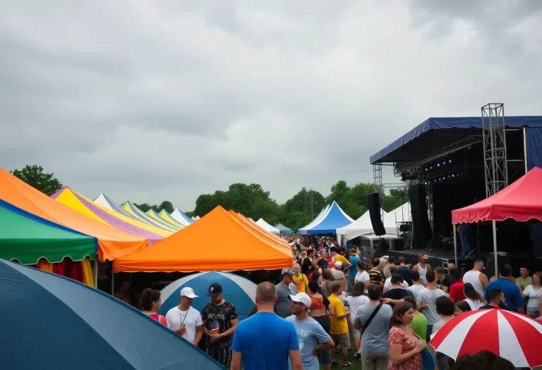 A festival scene depicting tents and attendees at Bonnaroo Music Festival with an overcast sky.