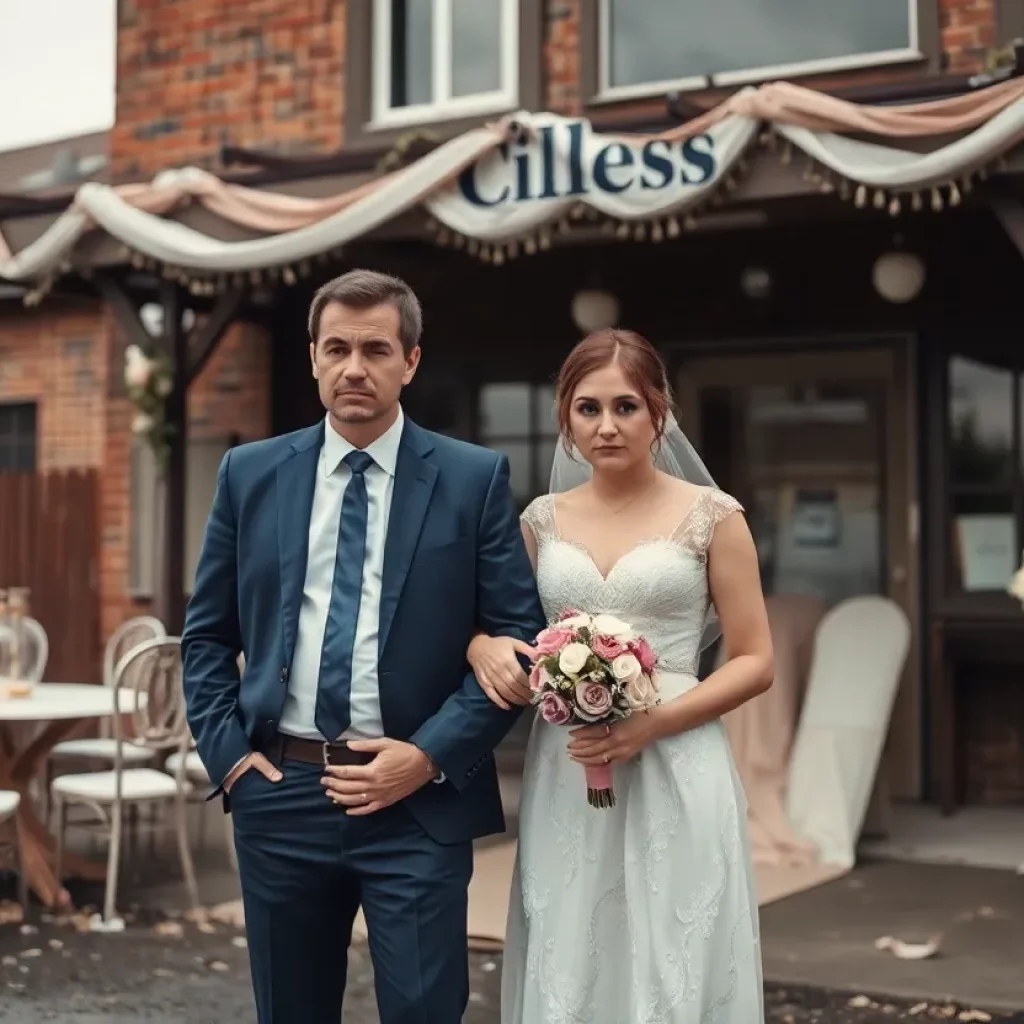 A saddened couple outside a closed wedding venue.