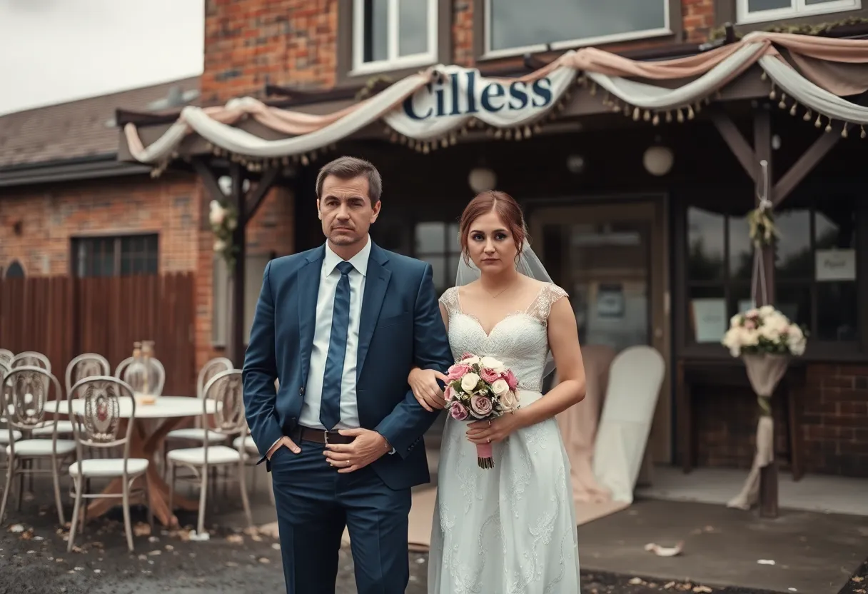 A saddened couple outside a closed wedding venue.