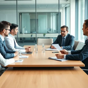 Lawyers discussing patent monetization strategies in a modern office.