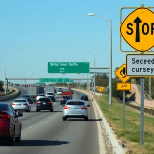 California highway with vehicles and road safety signs