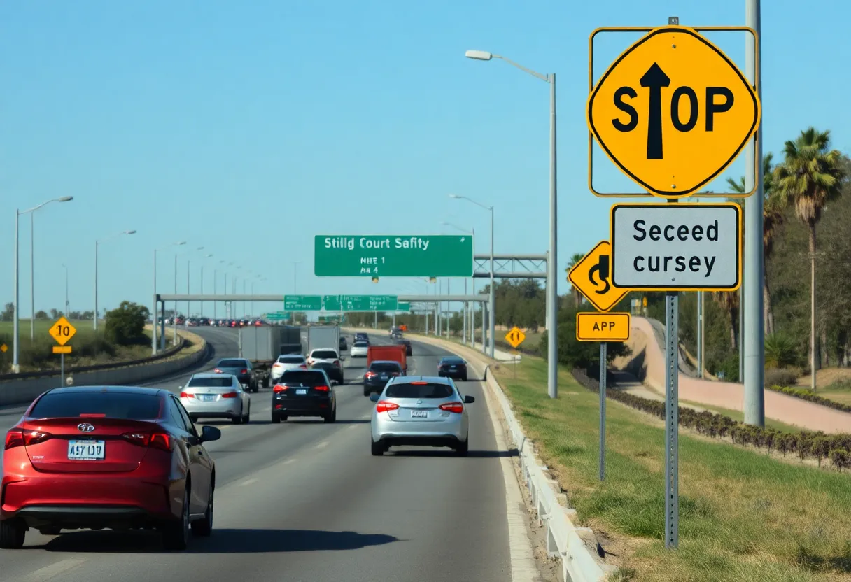 California highway with vehicles and road safety signs