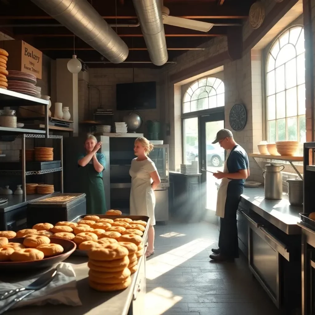 Bakery staff preparing biscuits in North Charleston kitchen.