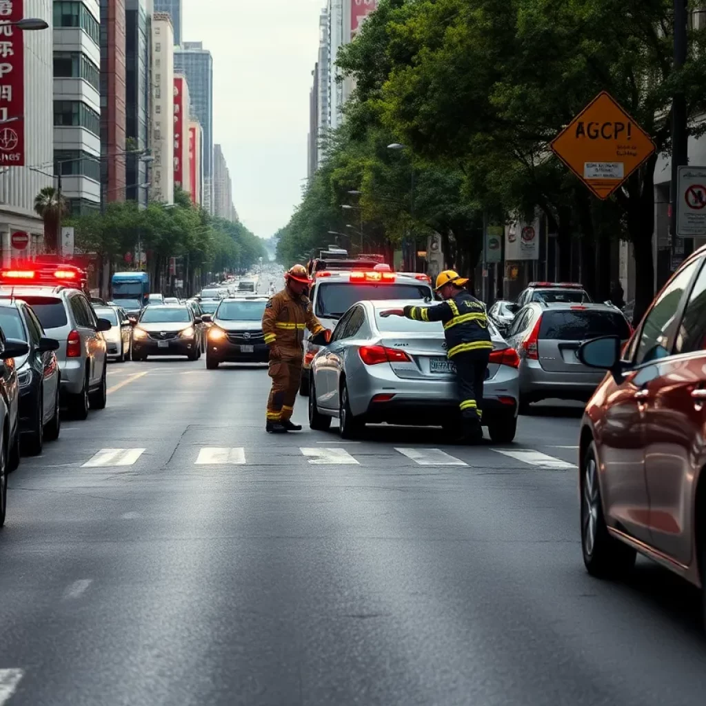 Emergency responders assisting at a car accident scene in a busy urban area.