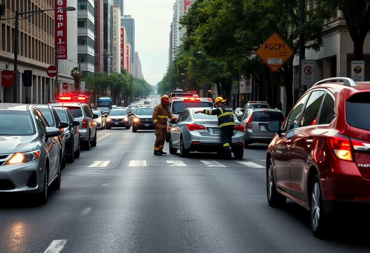 Emergency responders assisting at a car accident scene in a busy urban area.