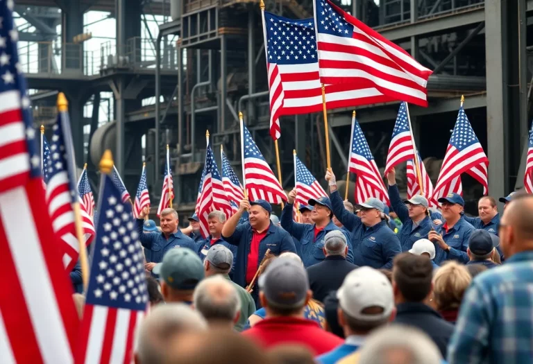 Workers celebrating at a U.S. Steel plant rally