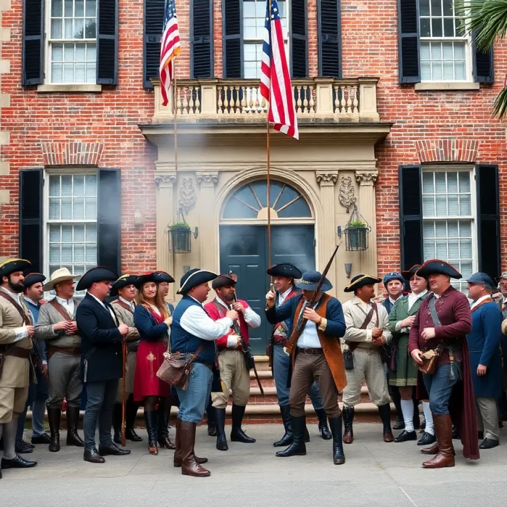Reenactors in historic costumes at a Charleston anniversary event