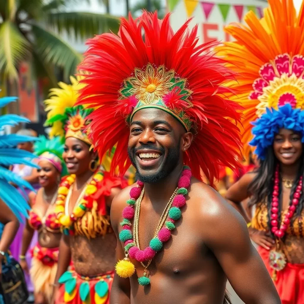 Participants celebrating at the Charleston Caribbean Carnival with colorful costumes and cultural displays.