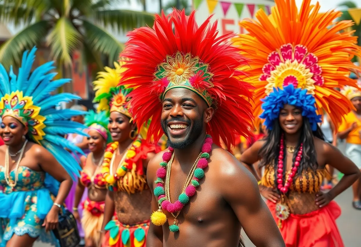 Participants celebrating at the Charleston Caribbean Carnival with colorful costumes and cultural displays.