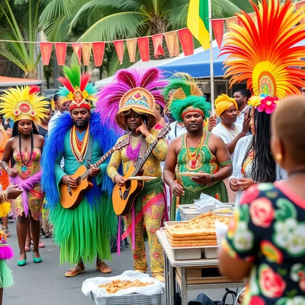 Participants in colorful costumes celebrating at the Charleston Carifest festival.