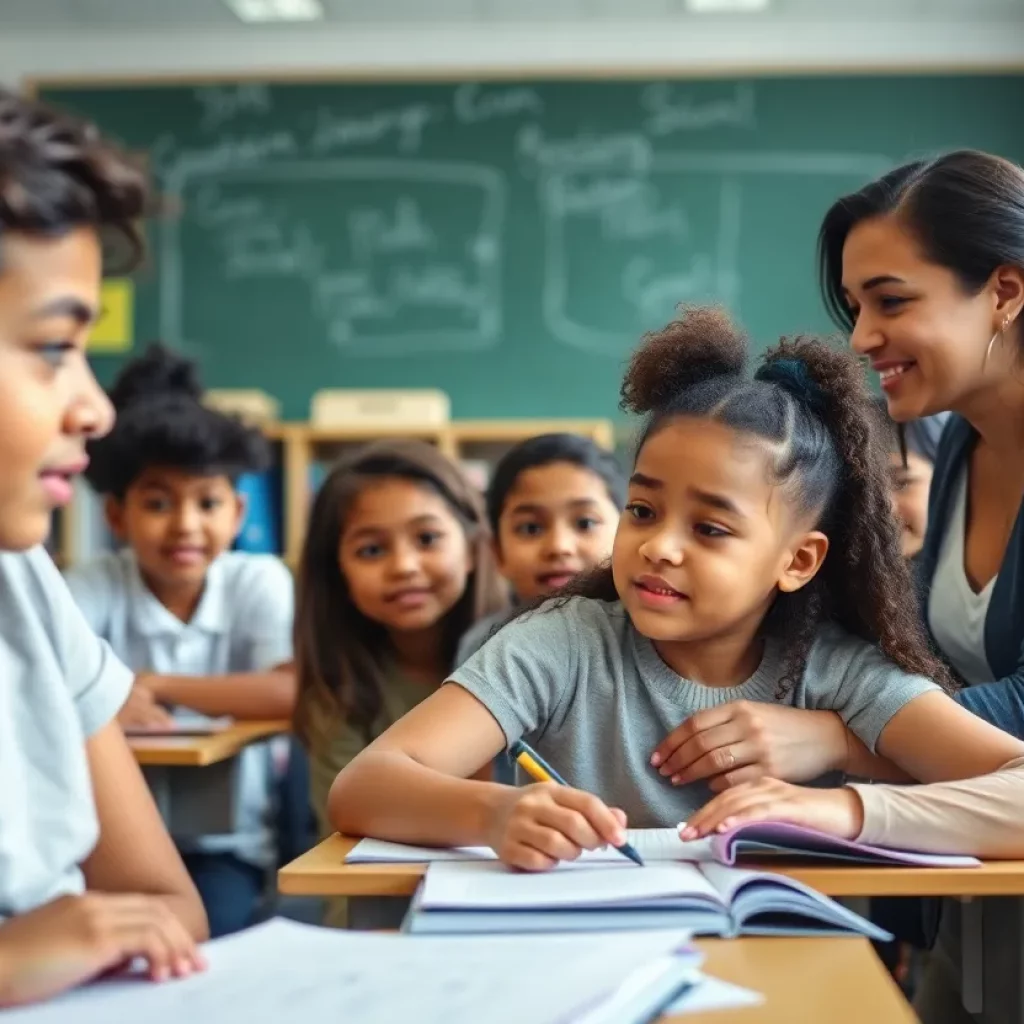 A classroom filled with students and a teacher discussing educational topics.