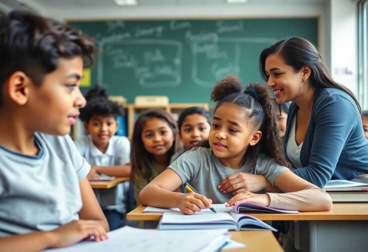 A classroom filled with students and a teacher discussing educational topics.