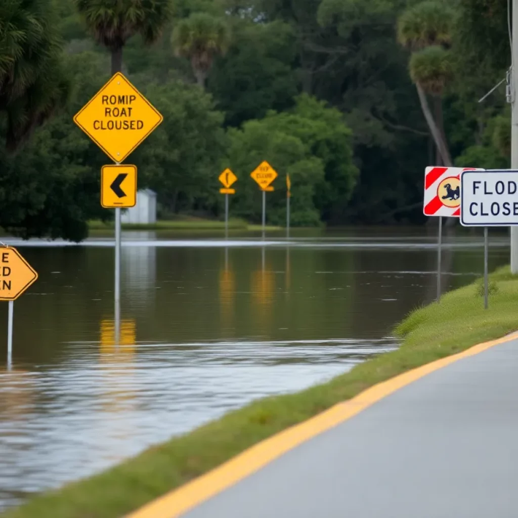 View of Charleston County after floodwaters recede, showing warning signs.