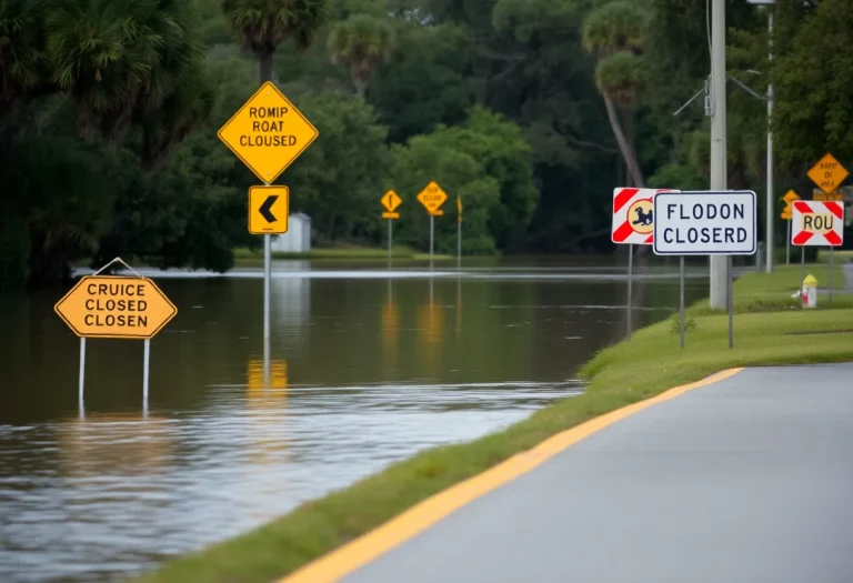 View of Charleston County after floodwaters recede, showing warning signs.