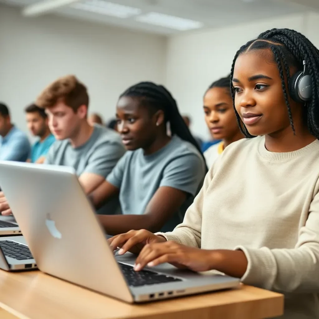High school students participating in a virtual dual enrollment class in Charleston.