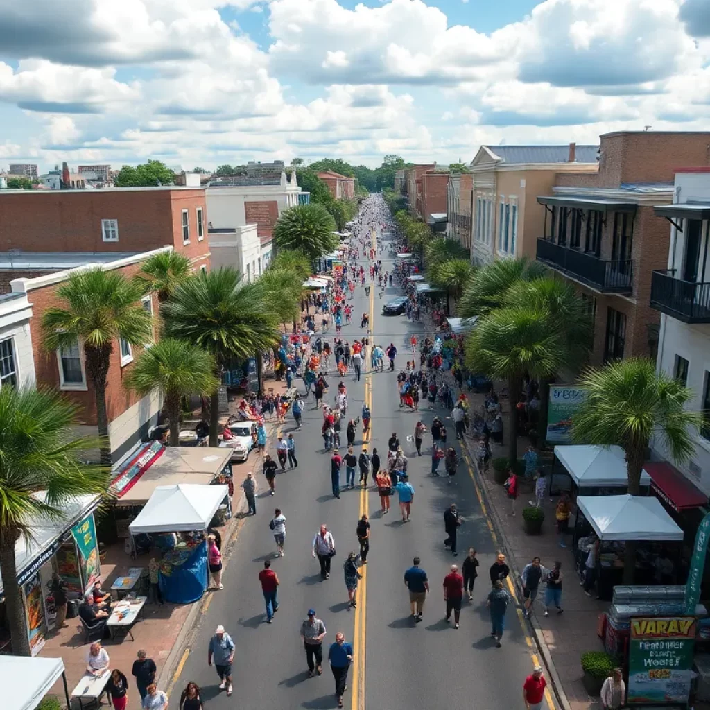 Overview of Charleston SC featuring street events and cultural activities.