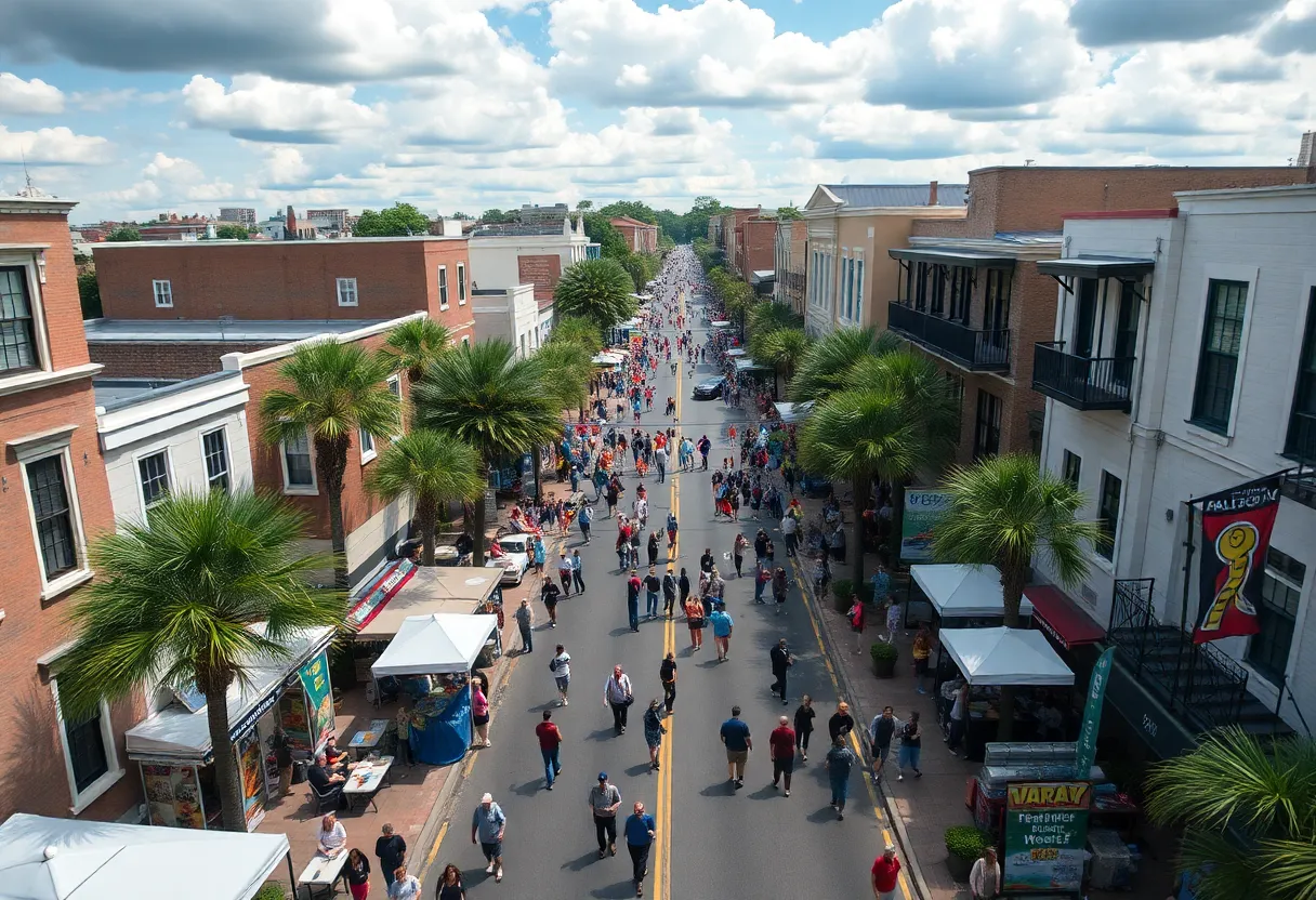 Overview of Charleston SC featuring street events and cultural activities.
